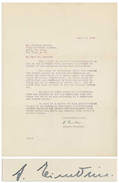 Albert Einstein Letter Signed During WWII to William Morris of the William Morris Agency -- ''...The power of resistance which has enabled the Jewish people to survive...an especially severe test...''